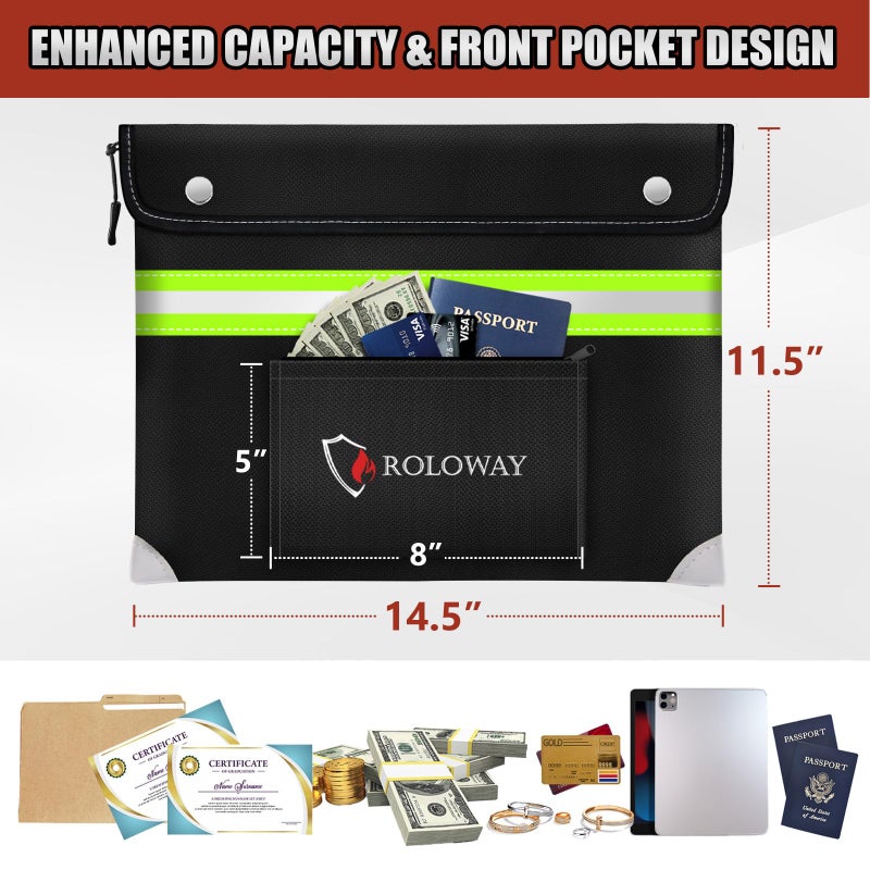 ROLOWAY Upgraded Fireproof Document Bag (14.5 x 11.5 inch) with 6400? Aluminum Foil Layer  Fireproof Safe Bag for Documents with Front Pocket and Reflective Strip  Fireproof Money Bag for Cash - Image 4